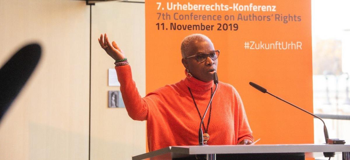 Angélique Kidjo speaking at the Initiative Urheberrecht conference in Berlin.