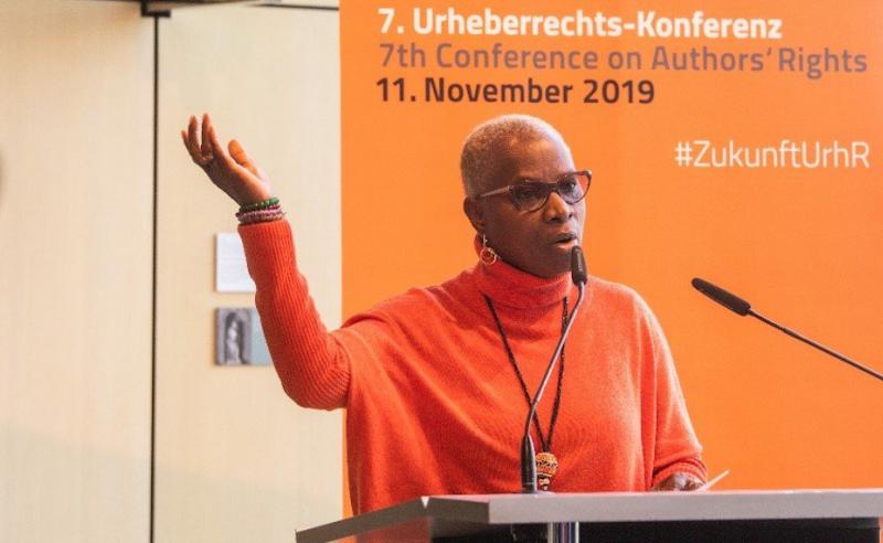 Angélique Kidjo speaking at the Initiative Urheberrecht conference in Berlin.